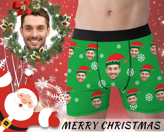 Custom Face Boxers Shorts With Christmas Hat , Elf Cap- Personalized Photo Underwear