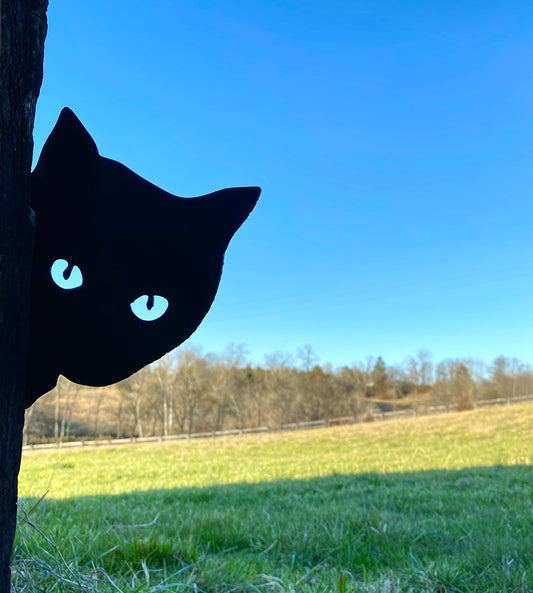 Peeping Black Cat Metal with Mounting Brackets - Outdoor Metal Decor