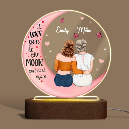 Love You To The Moon And Back Mommy And Kid - Personalized Acrylic Round LED Lamp - Best Gift for Mother