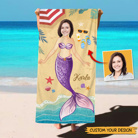 Mermaid With Face - Personalized Beach Towel - Best Gift For Summer