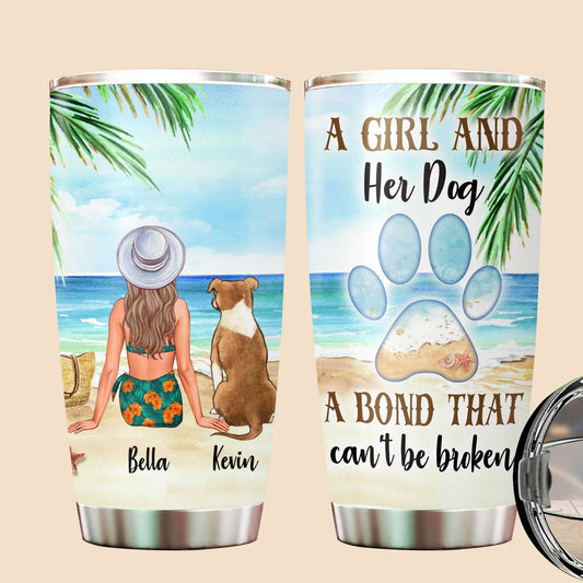 A Girl And Her Dog Sitting Beach - Personalized Tumbler - Best Gift For Summer