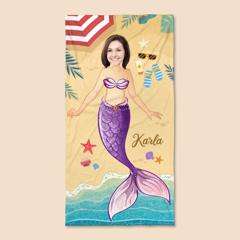 Mermaid With Face - Personalized Beach Towel - Best Gift For Summer