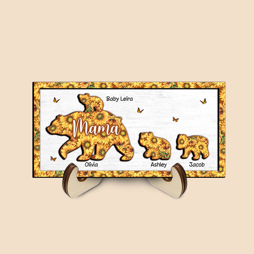 Mama Bear Sunflower - Personalized Custom 2-Layered Wooden Plaque With Stand - Best Gift For Mother