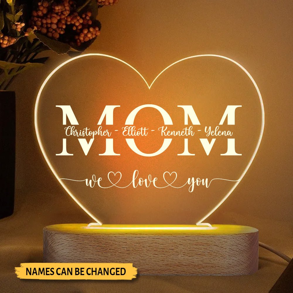 Mom We Love You - Personalized Heart Acrylic LED Lamp - Best Gift for Mother