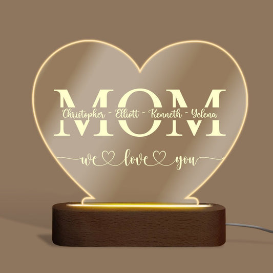Mom We Love You - Personalized Heart Acrylic LED Lamp - Best Gift for Mother
