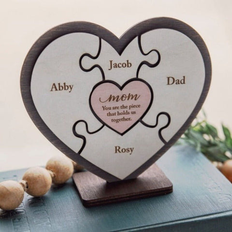 Mom You Are The Piece That Holds Us Together - Personalized Heart Puzzle Wood Sign