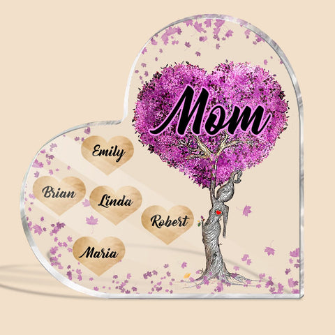 Mom/Grandma With Kids Purple Tree Heart - Personalized Heart Plaque - Best Gift For Mother, Grandma