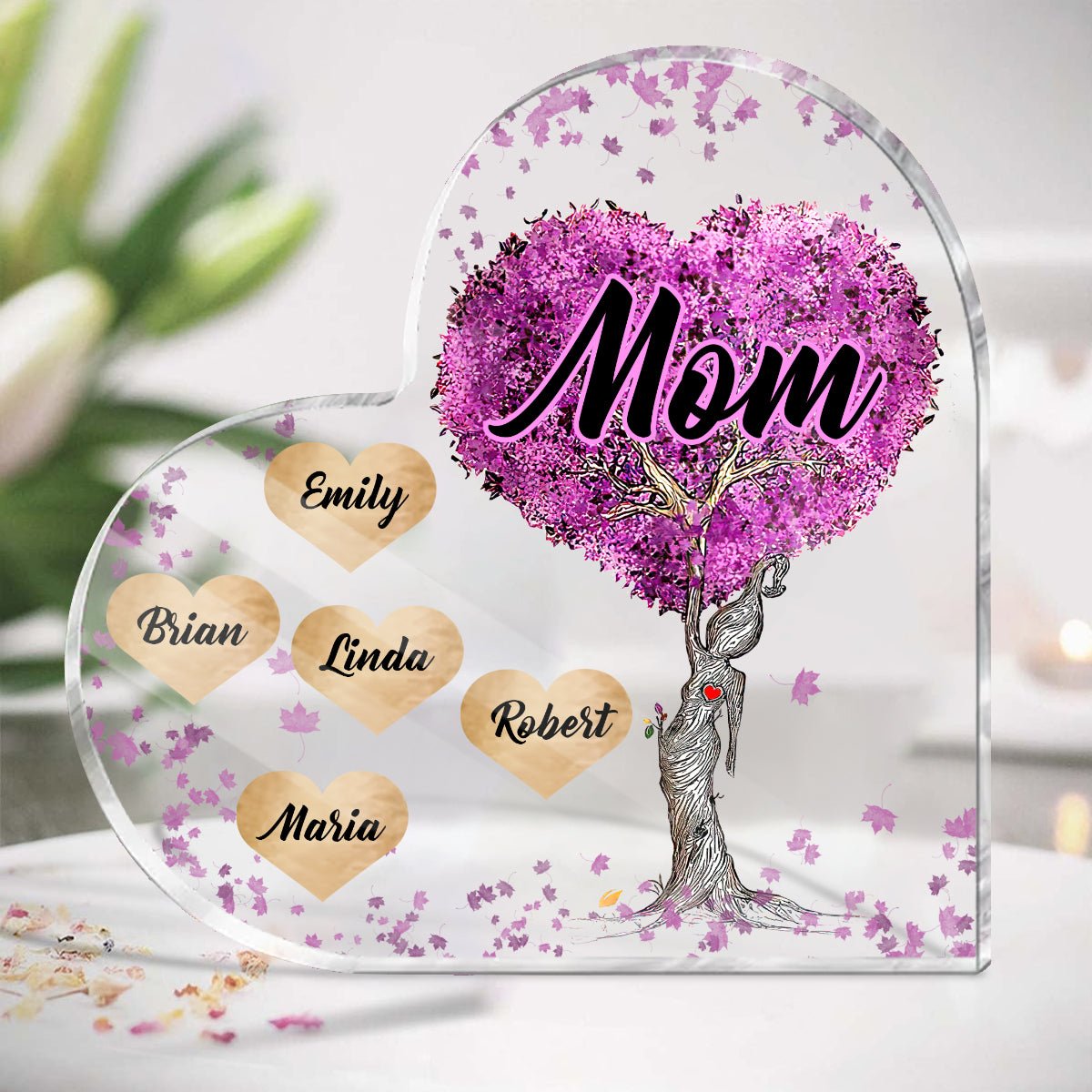 Mom/Grandma With Kids Purple Tree Heart - Personalized Heart Plaque - Best Gift For Mother, Grandma