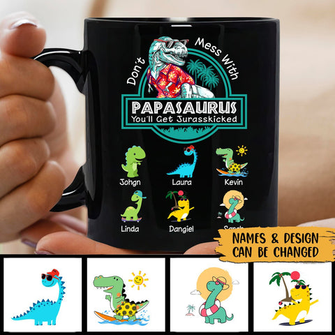 Papasaurus Hawaii With Kid - Personalized Black Mug - Best Gift For Father