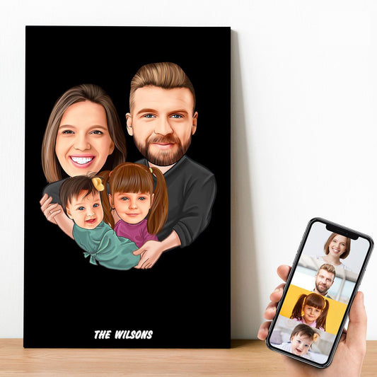Personalized 4 people Family Cartoon Wooden Wall Art ( with 1 baby & 1 kid )