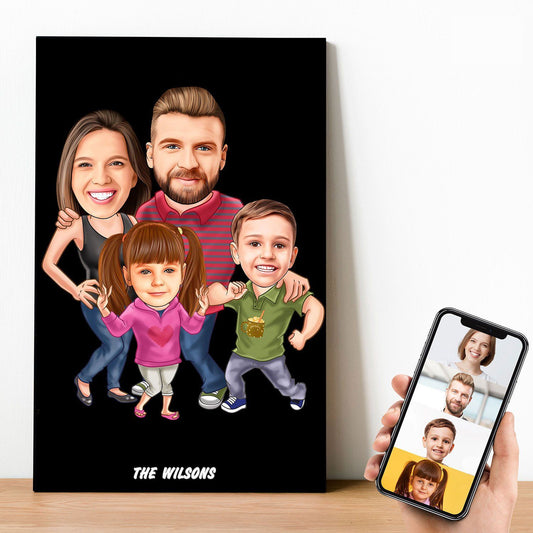 Personalized 4 people Family Cartoon Wooden Wall Art ( With 2 Children )