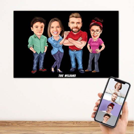 Personalized 4 people Family Cartoon Wooden Wall Art ( With 2 teens )