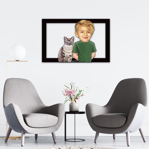 Personalized Cartoon Child & Cat Wooden Wall Art
