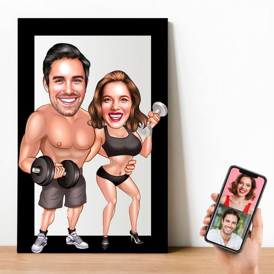 Personalized Cartoon Couple Bodybuilding Wooden Wall Art