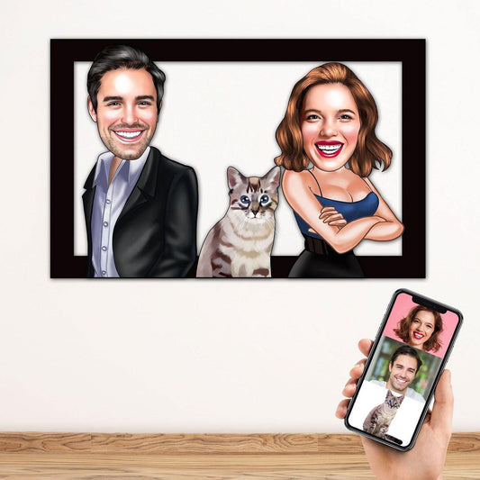 Personalized Cartoon Couple & Cat Wooden Wall Art
