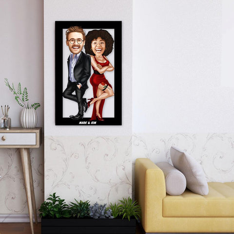 Personalized Cartoon Couple Wooden Wall Art ( Red Dress )