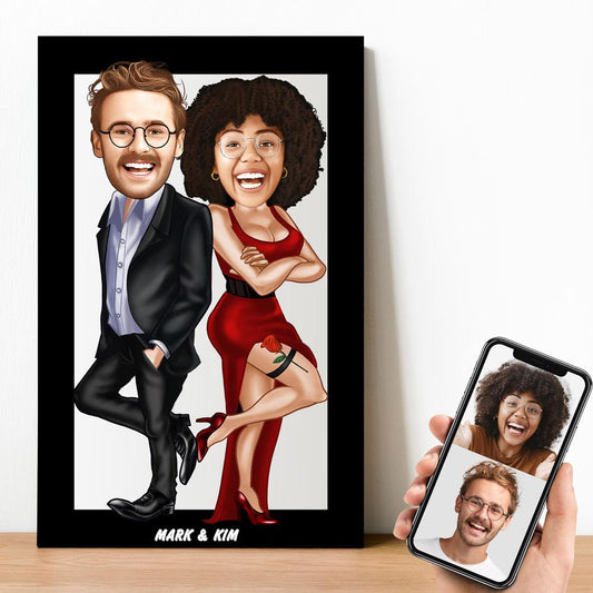 Personalized Cartoon Couple Wooden Wall Art ( Red Dress )