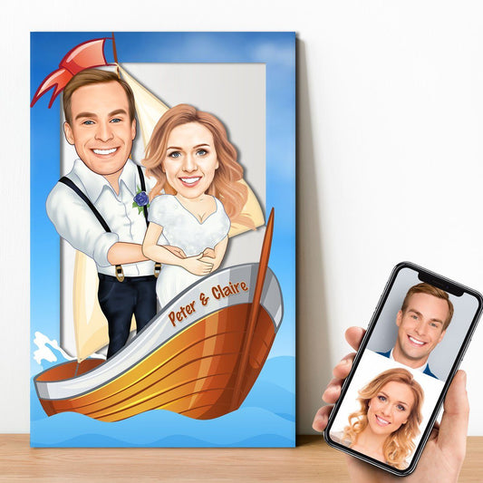 Personalized Cartoon Sailing Couple Wooden Wall Art