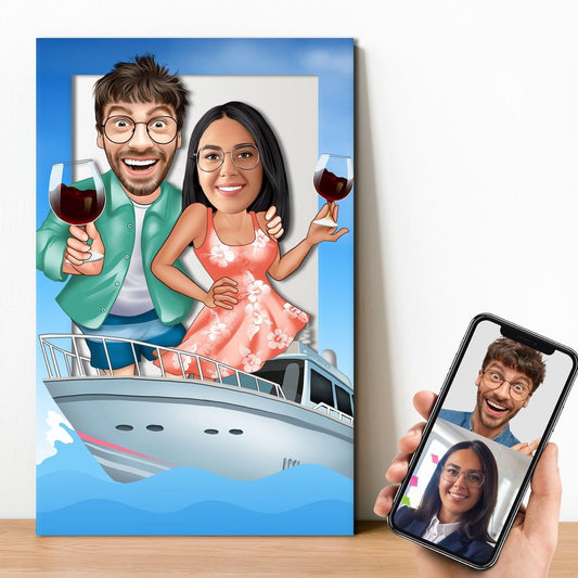 Personalized Cartoon Yacht Couple Wooden Wall Art
