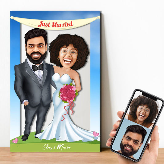 Personalized Just Married/ Posing Couple Cartoon Wooden Wall Art