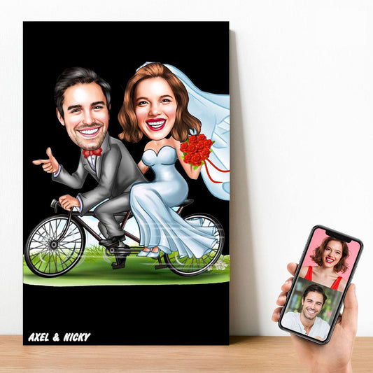 Personalized On Bicycle Married Cartoon Wooden Wall Art