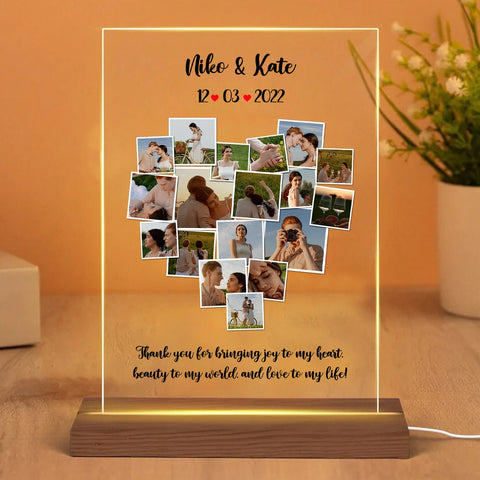 Photo Collage Heart Shape And Custom Message - Personalized Acrylic LED Lamp
