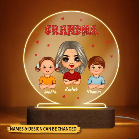 Polka Dot Grandma And Grandkids - Personalized Round Acrylic LED Lamp - Best Gift For Mother, Grandma