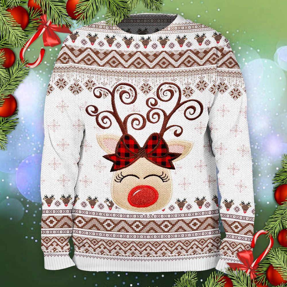 Reindeer Plaid Bow Ugly Sweater - TG1021TA