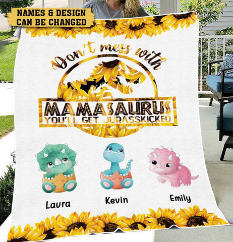 Sunflower Don't Mess With Mamasaurus- Personalized Blanket - Best Gift For Mom