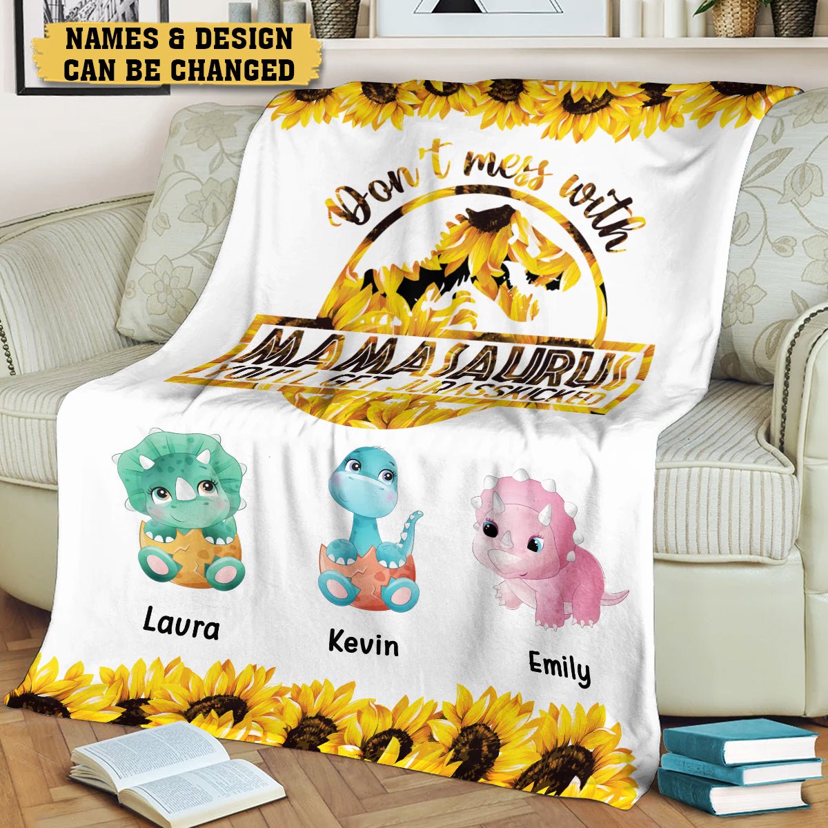 Sunflower Don't Mess With Mamasaurus- Personalized Blanket - Best Gift For Mom