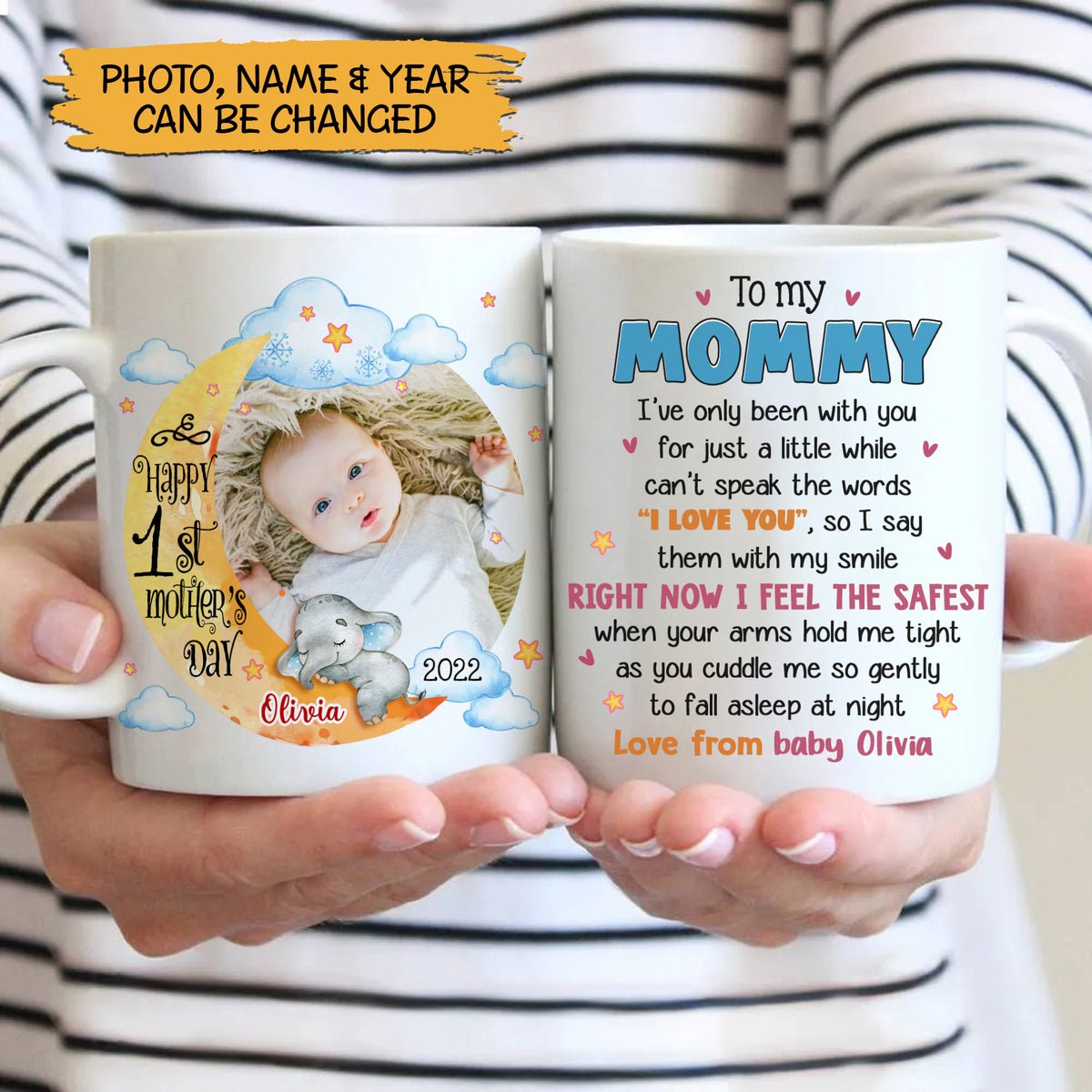 To Mommy 1st Mother's Day Baby Photo Moon Elephant - Personalized White Mug - Best Gift For Mom