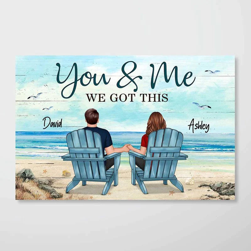 You & Me Couple Sitting Beach View - Personalized Landscape Poster - Best Gift for Couple